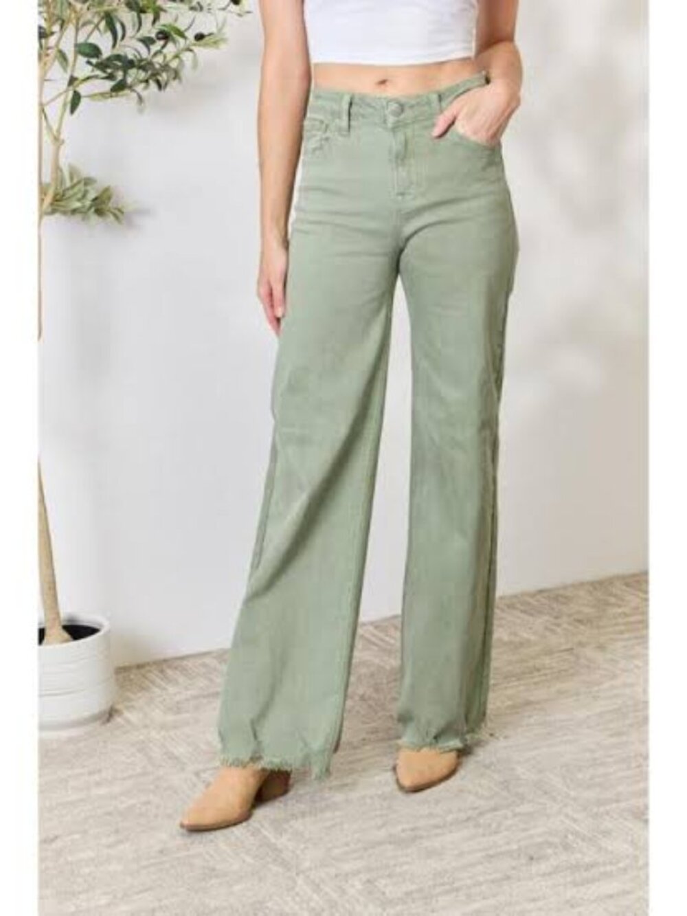 Risen Jeans High Rise Wide Leg Raw Hem Jeans Womens 3/26 Sage Olive Green Denim